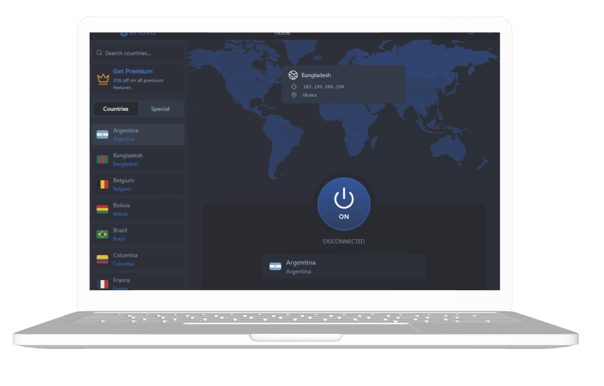 TangoVPN application displayed on a laptop with server locations and connection controls